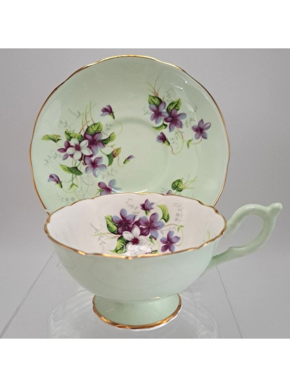 Grafton Bone China Teacup & Saucer Set Purple Flowers Gold Trim England Vintage